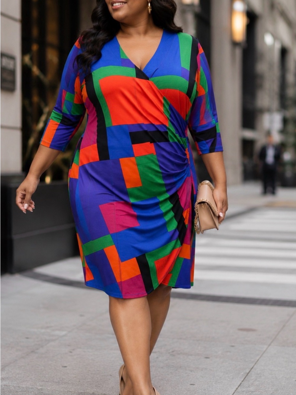 Ralph Lauren Multi-Color Geometric Midi Faux Wrap Dress - 3/4 sleeve -Stunner 2X